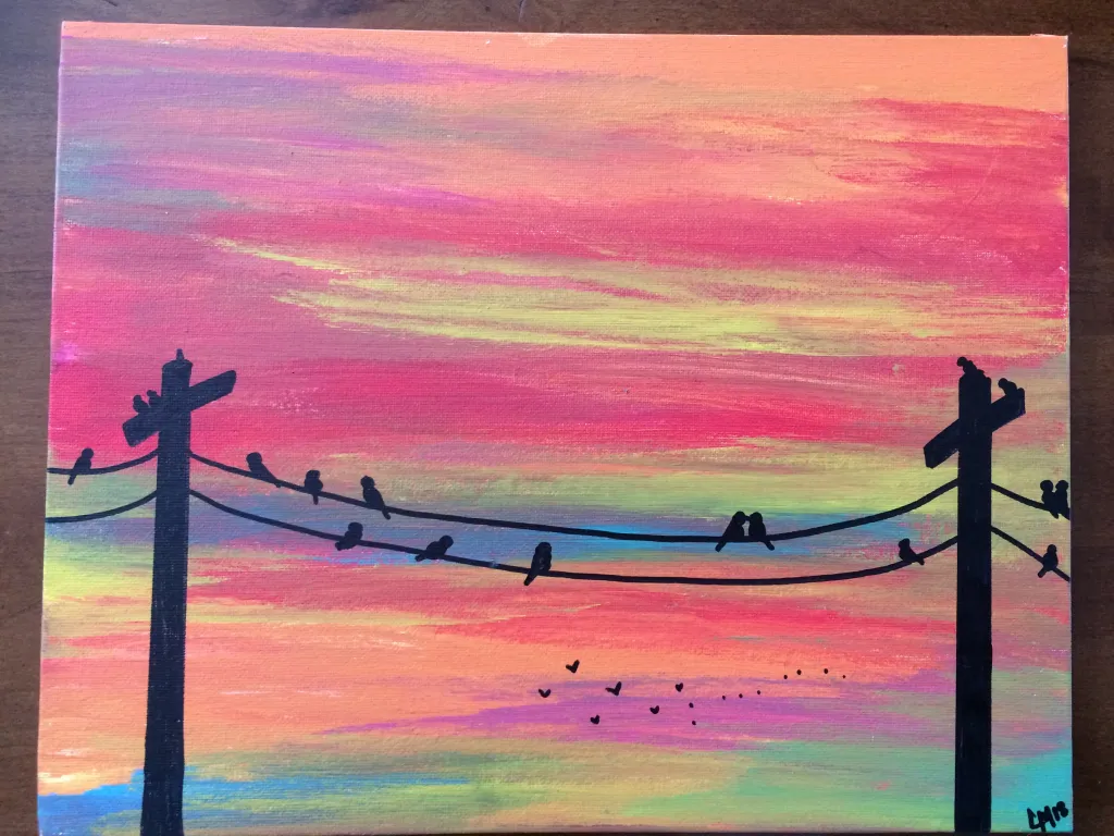 Colourful sunset painting with birds on a wire